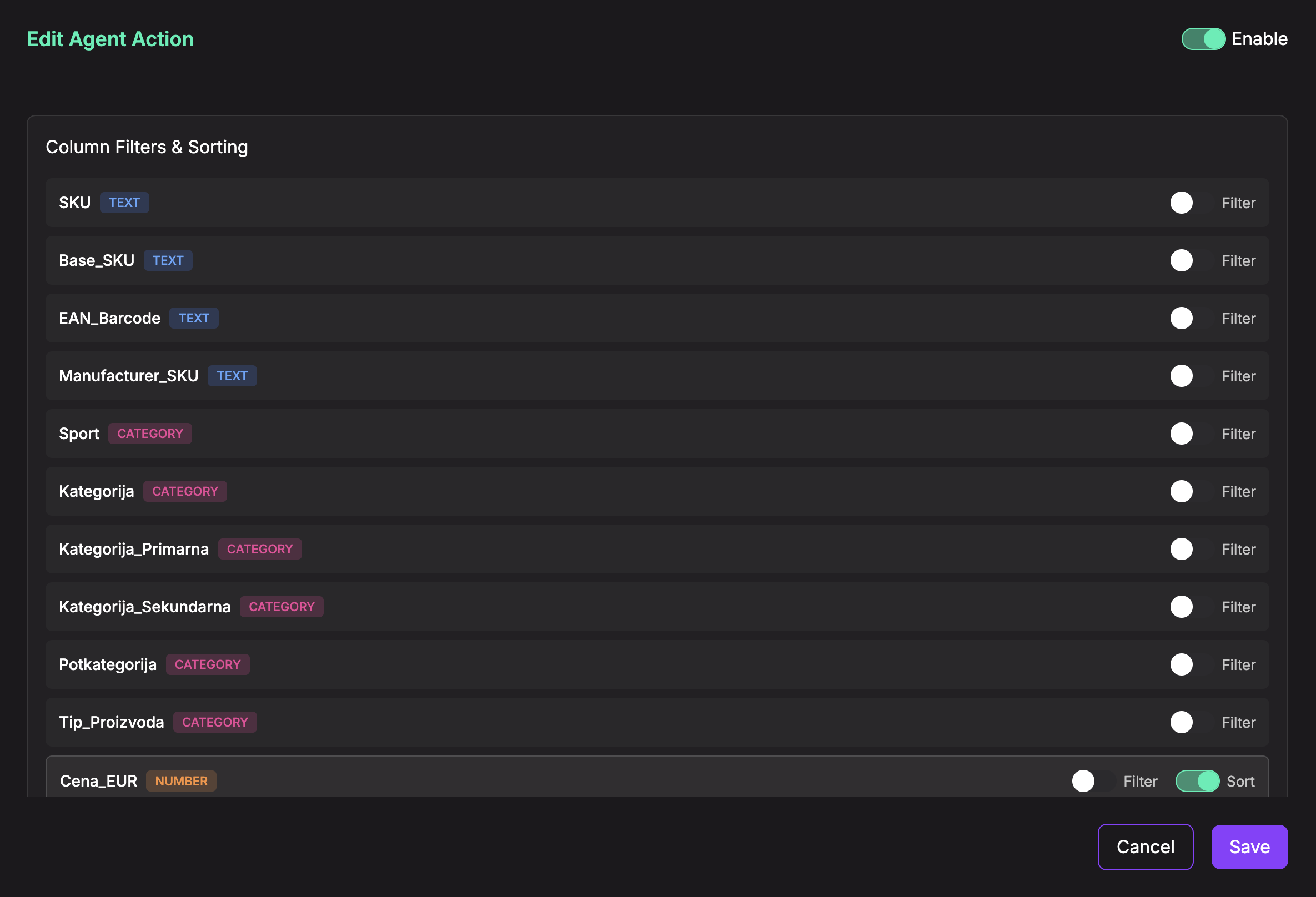 data search action - column filters and sorting